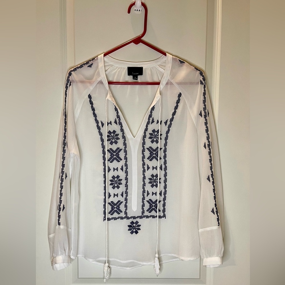 Anthropologie Lumiere Blue & White Embroidered Top Size S